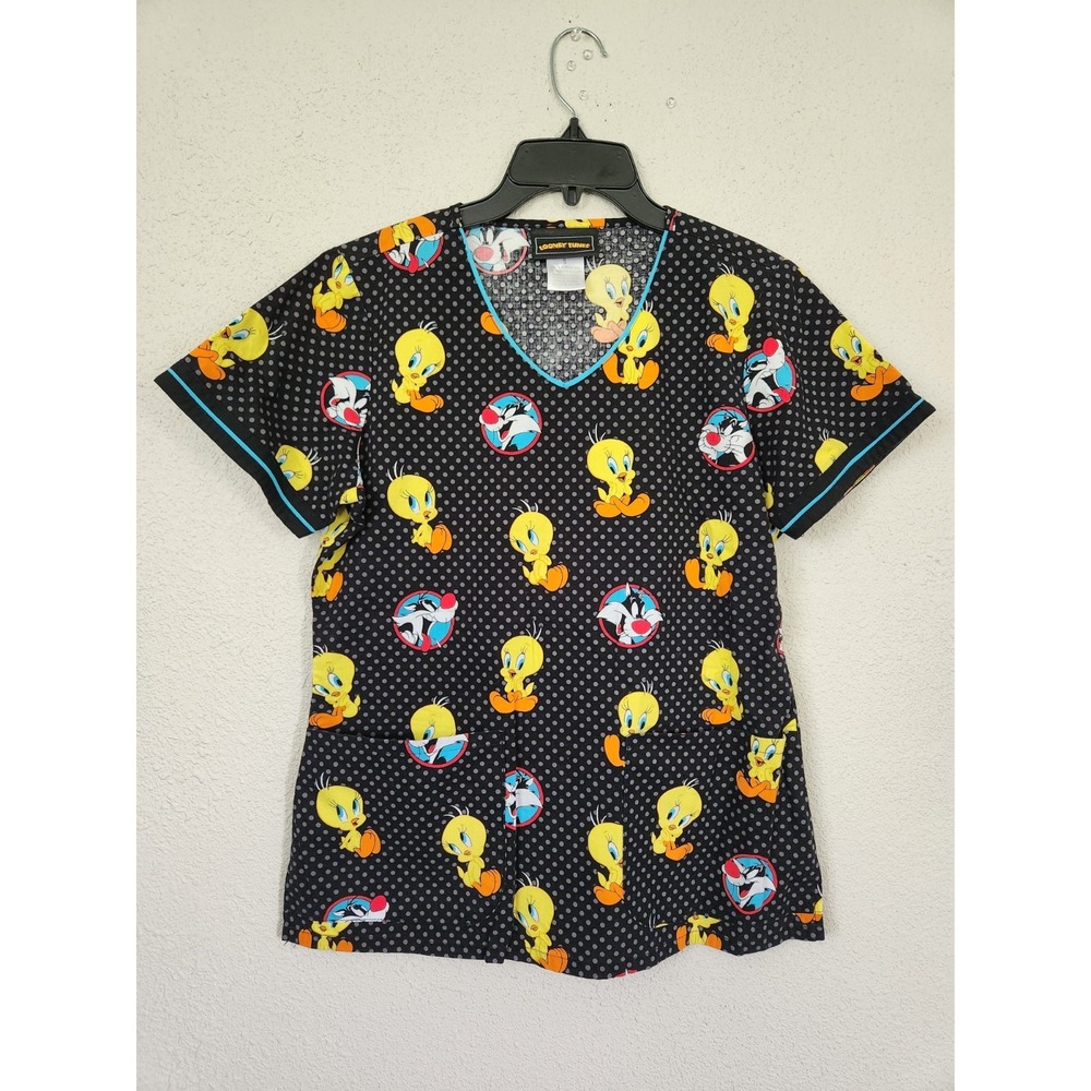 LOONEY‎ TUNES V-Neck Short Sleeve Scrub Top Tweety Bird & Sylvester Size Small